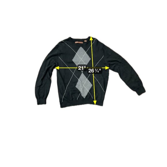 Perry Ellis Black Gray Argyle Sweater Cotton Crewneck Pullover Classic Fit Sz L - Picture 6 of 9